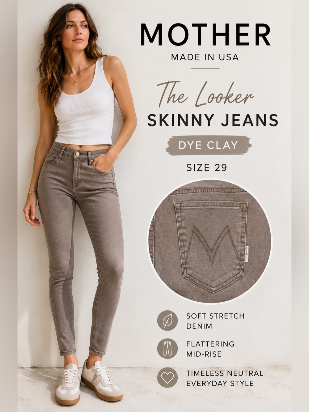 Mother The Looker Skinny Jeans Dye Clay Taupe Gray Stretch Denim Size 29